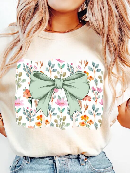 Tops - Graphic Floral Bow Shirt, Floral Spring Tee, Cute Summer Shirt